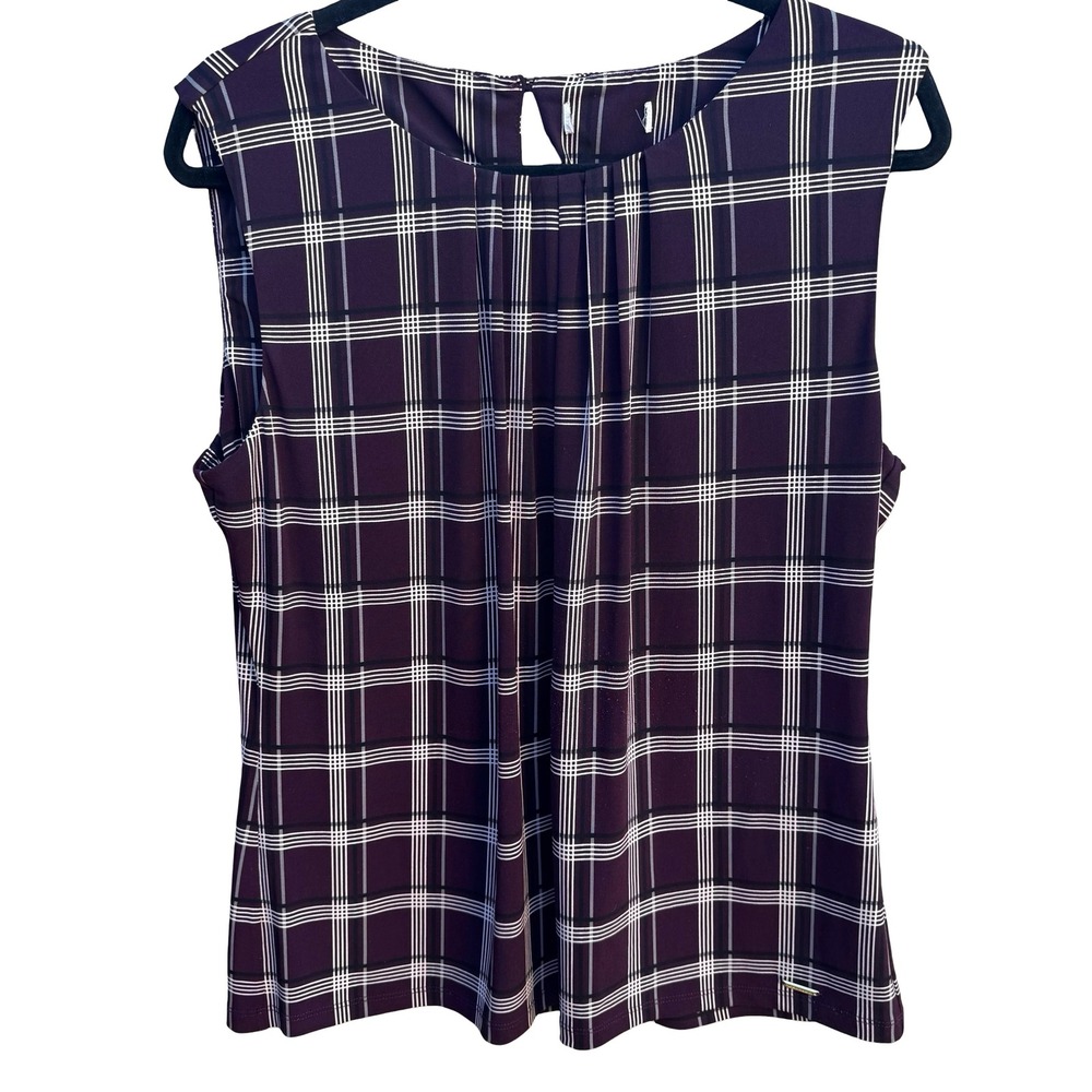 Calvin Klein Plaid Pleated Neck Dark Academia Professional Sleeveless Blouse L